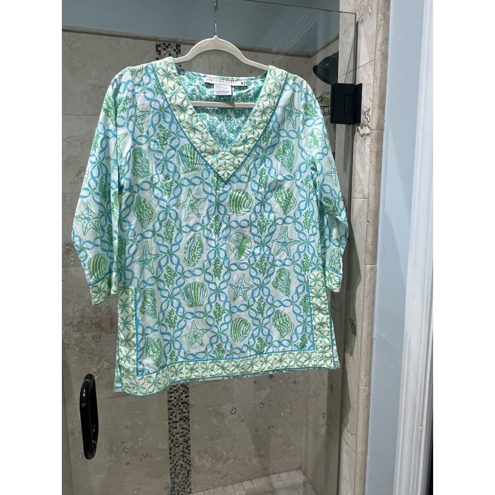 Gretchen Scott Tunic Top Blue White Green Ocean Starfish Shell Print Size M